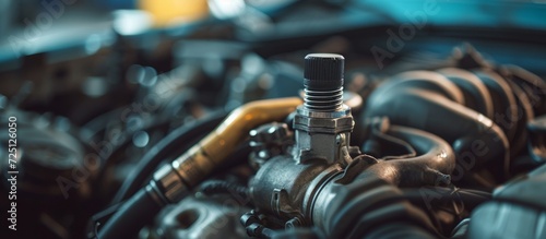 Replace oxygen sensor in old or damaged gasoline car, inspect lambda sensor, close-up of engine spare parts, and examine part of car's exhaust system with combustion engine.