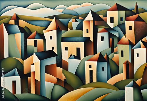 cubist style abstract painting of a european village in a rural setting with geometric shapes and subdued colors