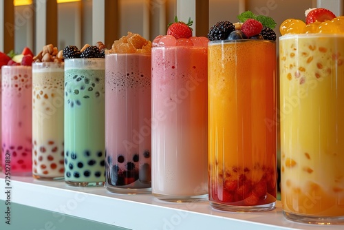 Close-up photo showcasing different flavors colorful of bubble tea boba.