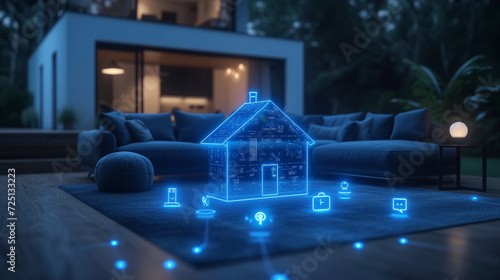 Futuristic Facade: sleek glass house showcasing digital smart home controls in the evening