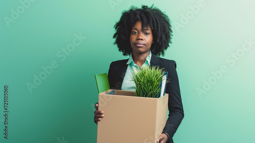 Young black woman made redundant carrying her office belongings in a moving box. Female colleague losing her job during the cost of living crisis and recession. Plain background, copy space