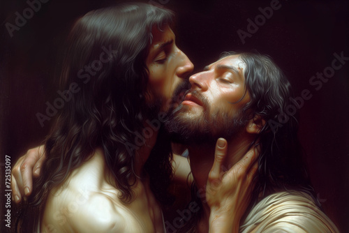 Betrayal of Judas, kiss of the treacherous apostle to his friend Jesus Christ, biblical illustration of Maundy Thursday in a painting