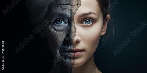 aging concept. illustration of a comparison of young and old in one person