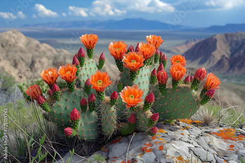Cactus with red flowers on hills, in rich color sky style.