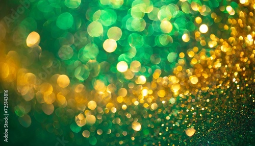water drops on a glass light boked gold bright Abstract blur bokeh banner background. Gold bokeh on defocused emerald green background