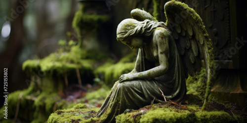 Stone statue of an angel weeping, set in an old cemetery covered in moss