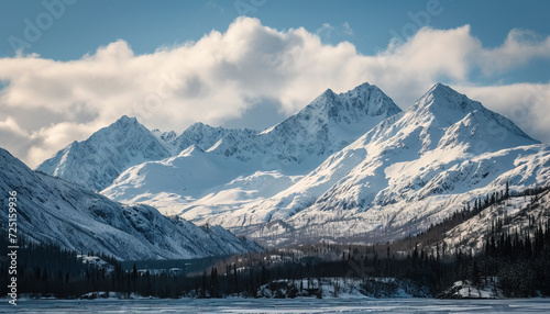 Snowy mountains of Alaska, landscape with forests, valleys, and rivers in daytime. Breathtaking nature composition background wallpaper, travel destination, adventure outdoors