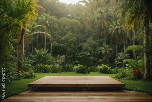 A wooden podium is surrounded by tropical plants and a green, grassy plain as a backdrop during the day