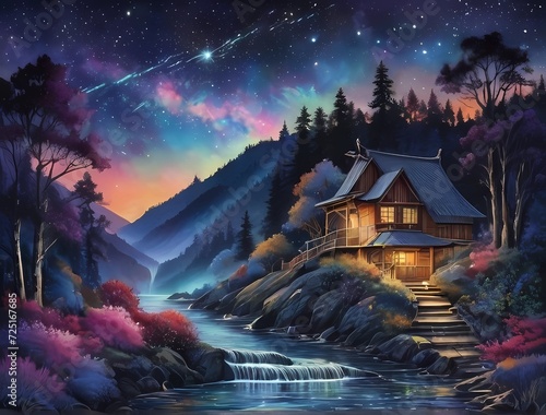 七色オーロラと星空とバンガローの自然風景壁紙背景