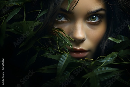 Attractive face of girl with leaf in leafy area dark green