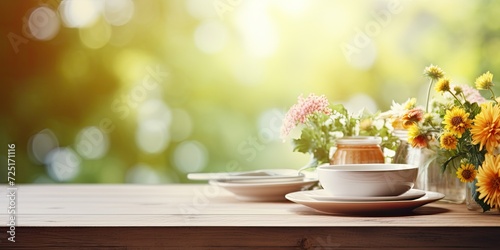 Blurred background with focus on wooden kitchen table top and breakfast tableware, along with a vase of garden flowers. Space for text.
