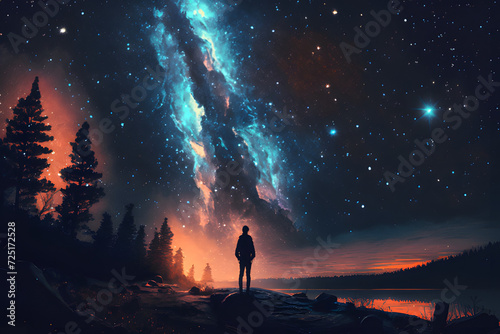 man watching the stars at night, vast sky, generative ai 