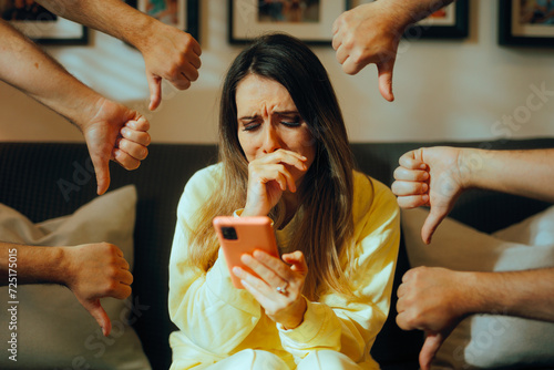 Unhappy Woman Receiving Online Bullying and Negative Internet Feedback. Girl crying suffering after virtual harassment and humiliation 