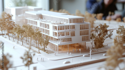 モダン商業施設の建築のおおきな模型が置かれている白基調のおしゃれなオフィス、背景にボケた働く人々