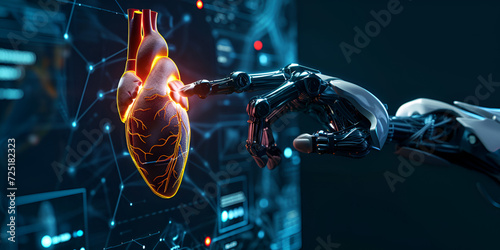 Heart with robotic hand ,AI surgen , adaptive heart scape futuristic, medical lab, improves your heart's ability to pump blood by walking 3D rendering awareness banner