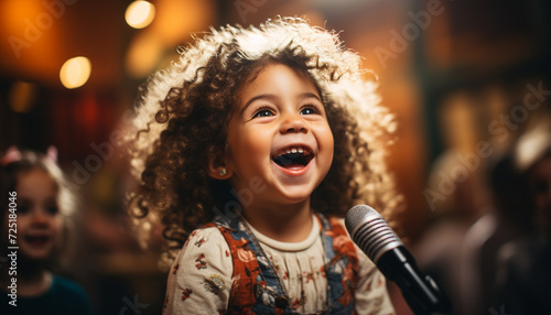 Smiling girls singing, joyful boys playing on stage generated by AI