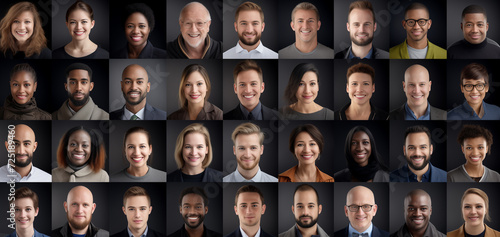 Headshots of a smiling men and women of all ages on a colorful background looking at the camera. AI Generative