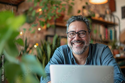 Middle aged Hispanic man using laptop in cafe, having online training