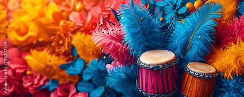 Brazilian and african colorful drums with feathers and flowers. Music instruments with traditional ornament. Rio carnival concept. Brazilian dance and music. Seasonal event poster, card, banner