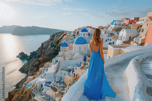 women tourist exploring santorini island in blue dress