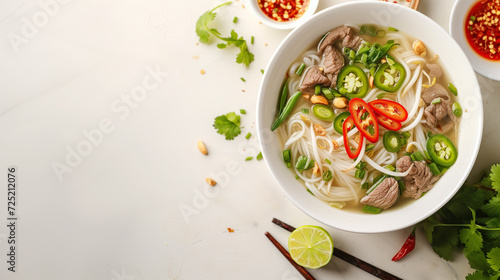 Top view of a fresh, homemade Vietnamese pho soup with rice noodles, beef slices, and garnished with herbs, lime, and chili, on a white background with a place for text
