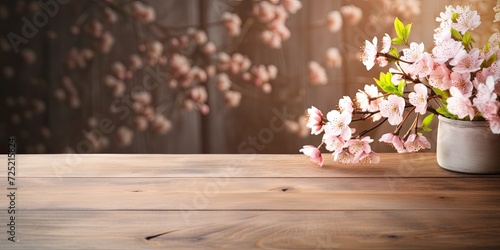 Wooden table adorned with spring blossoms as a backdrop decoration.