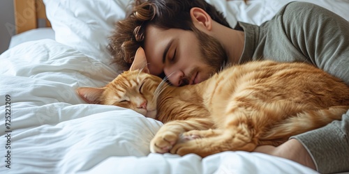 man sleeping in bed with cat