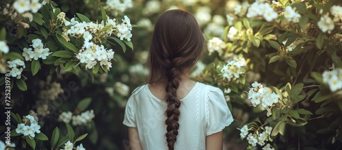 Selective focus captures an imagery of a girl in a white dress standing by a jasmine bush with a long braid.