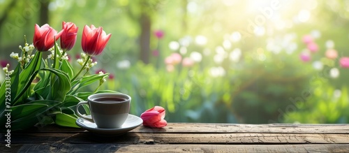 Tulips on a wooden table with coffee and a blurred natural background.