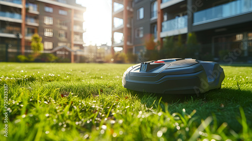 Automatic robot lawnmower mows grass on green lawn. Automated lawn mower cutting plants in summer garden near house. Modern gardening equipment. generative ai
