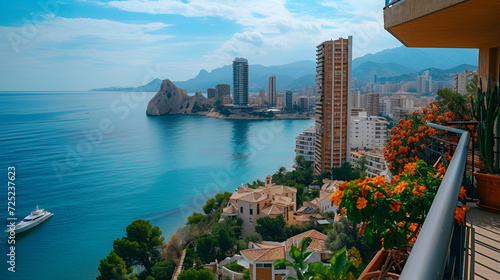 View to Benidorm island, Mediterranean Balcon and sea in Benidorm, Alicante province, Valencian Community, Spain. generative ai