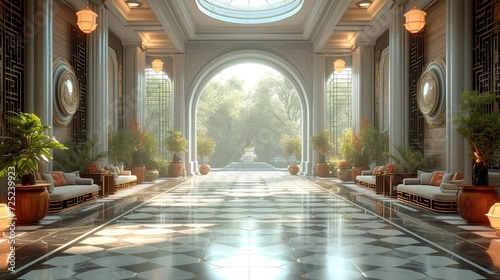 Interior design, A serene and elegant design inspired by the classical gardens. Generative AI.