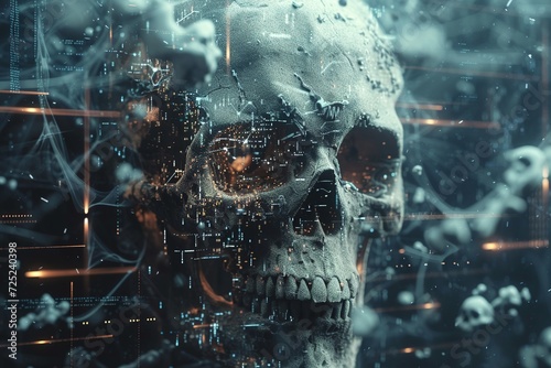 Human skull digital 3D concept art abstract idea Skull art technology, beautiful pattern on the background.