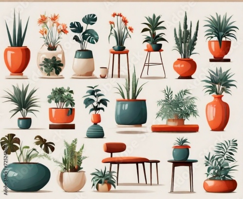 flowers in pots collection Set of different styles of retro vantage and modern vase and interior plants pots furniture cutouts isolated on transparent background - Generative AI