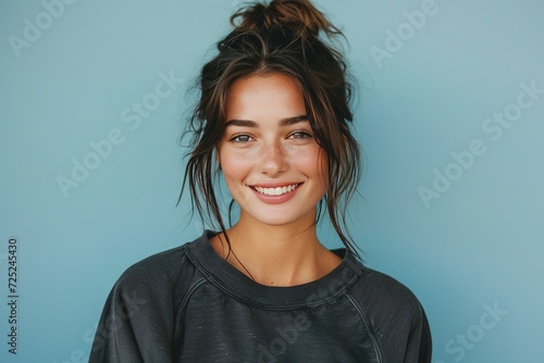 Portrait of a beautiful fictional woman smiling. Brunette model wearing an oversized charcoal grey sweatshirt. Isolated on a plain colored background.