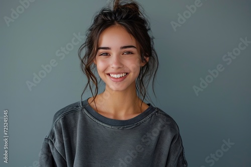 Portrait of a beautiful fictional woman smiling. Brunette model wearing an oversized charcoal grey sweatshirt. Isolated on a plain colored background.