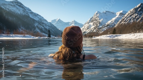  A Revolutionary Cold Plunge Ice Bath. Cold Water Therapy. Woman in winter hat taking ice bath outdoor cold water of a frozen and snowy lake. 