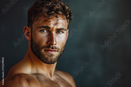 Portrait of sporty handsome strong man. Healthy athletic fitness model posing. Confident sexy fashion male with naked torso.