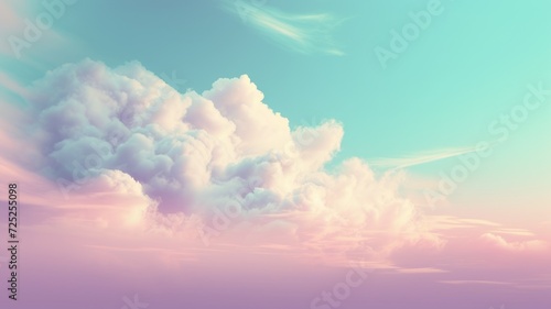 Beautiful sky on colorful gentle light day background. Sunny and fluffy clouds with fantasy tone, turquoise and purple color backdrop. Picturesque generative ai