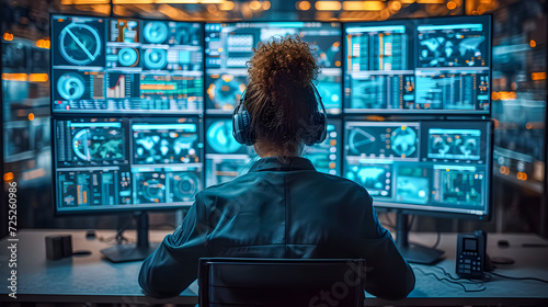 Cybersecurity specialist attentively monitoring network activity on multiple screens in a modern control room.