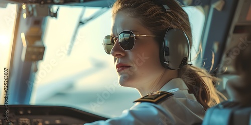 Confident female pilot in cockpit with headset. close-up, aviator sunglasses. professional, aviation themed. AI