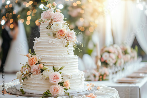 A wedding cake covered in whipped cream and decorated with flowers.