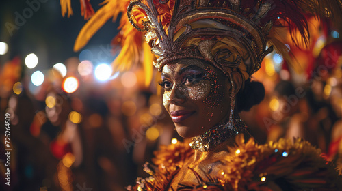 Brazilian carnival and festival. Carnival dancer in dazzling costume with feathers and sequins, embodying festivity and culture