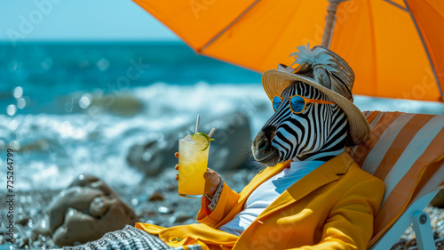 A zebra in human clothes lies on a sunbathe on the beach, on a sun lounger, under a bright sun umbrella, drinks a mojito with ice from a glass glass with a straw, smiles, summer tones, bright rich col