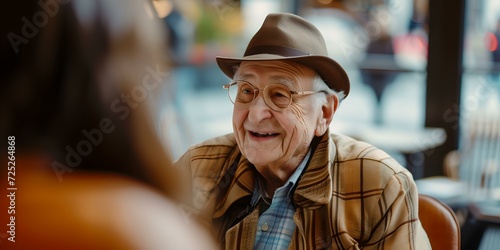 Elderly man in a fedora hat sharing stories at a cafe. candid portrait with warm, casual style. AI
