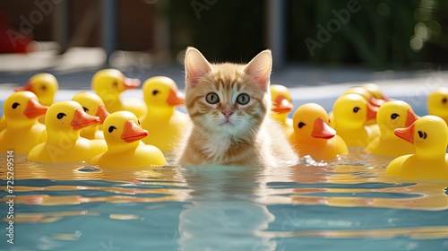 A lifeguard cat watching over a group of rubber duckies in a pool.