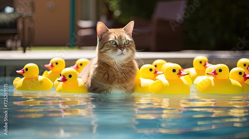 A lifeguard cat watching over a group of rubber duckies in a pool.