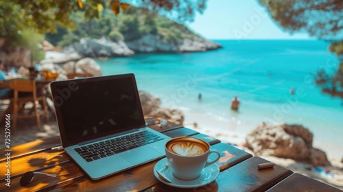 cup of coffee and laptop on table near the beach summer