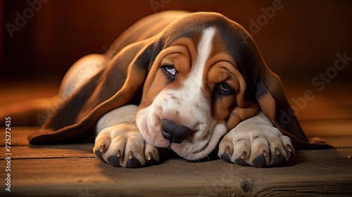 A sleepy basset hound pup with droopy ears and a relaxed expression.