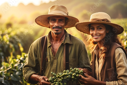 Brazilian farm workers working in the fields of coffee plantations collecting beans